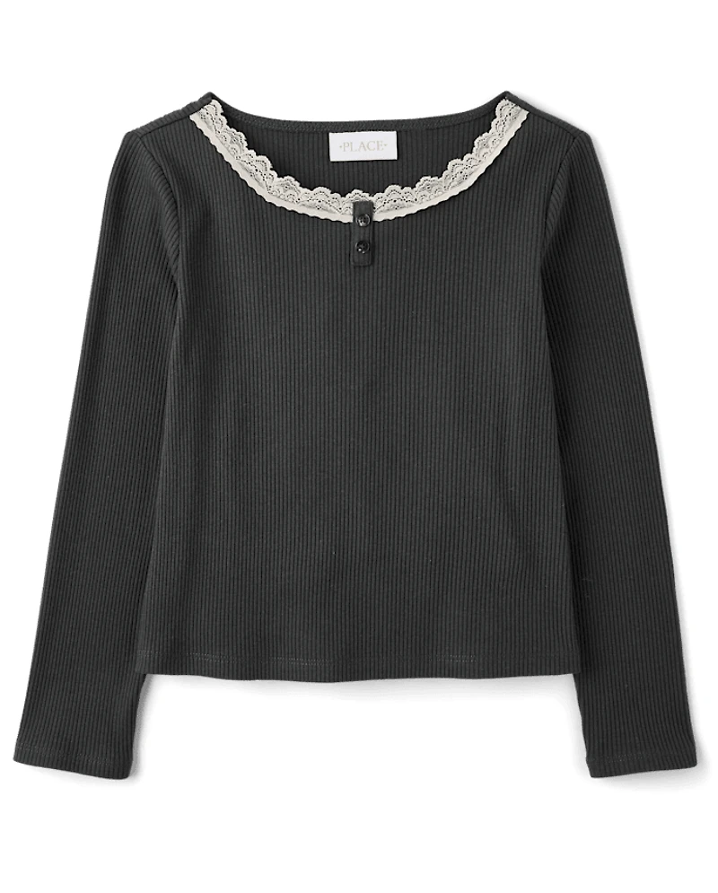 Girls Lace Neck Ribbed Henley Top
