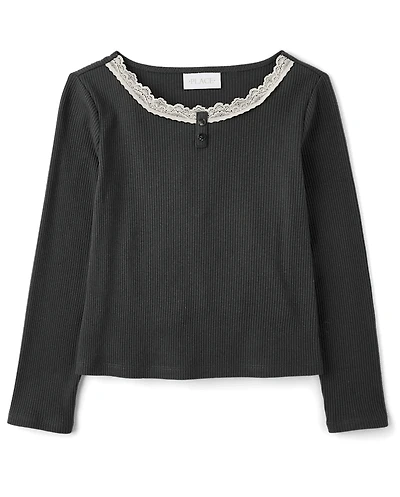 Girls Lace Neck Ribbed Henley Top