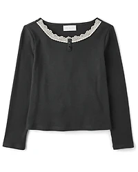 Girls Lace Neck Ribbed Henley Top