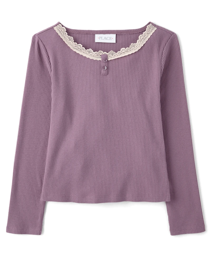 Girls Lace Neck Ribbed Henley Top