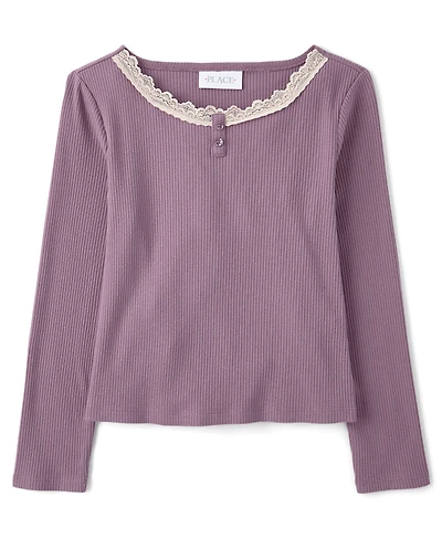 Girls Lace Neck Ribbed Henley Top