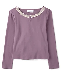 Girls Lace Neck Ribbed Henley Top