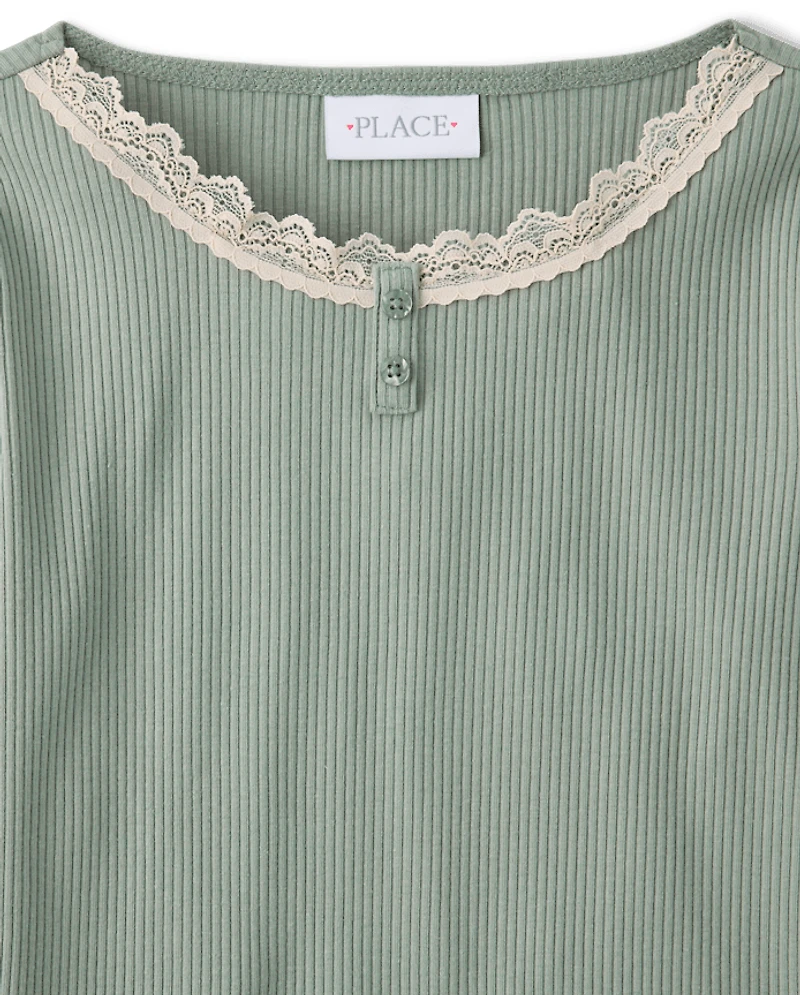 Haut Henley côtelé à col en dentelle pour fille
