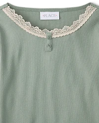Haut Henley côtelé à col en dentelle pour fille