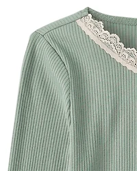 Girls Lace Neck Ribbed Henley Top
