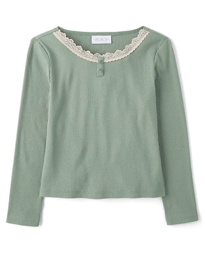 Girls Lace Neck Ribbed Henley Top