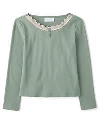 Girls Lace Neck Ribbed Henley Top