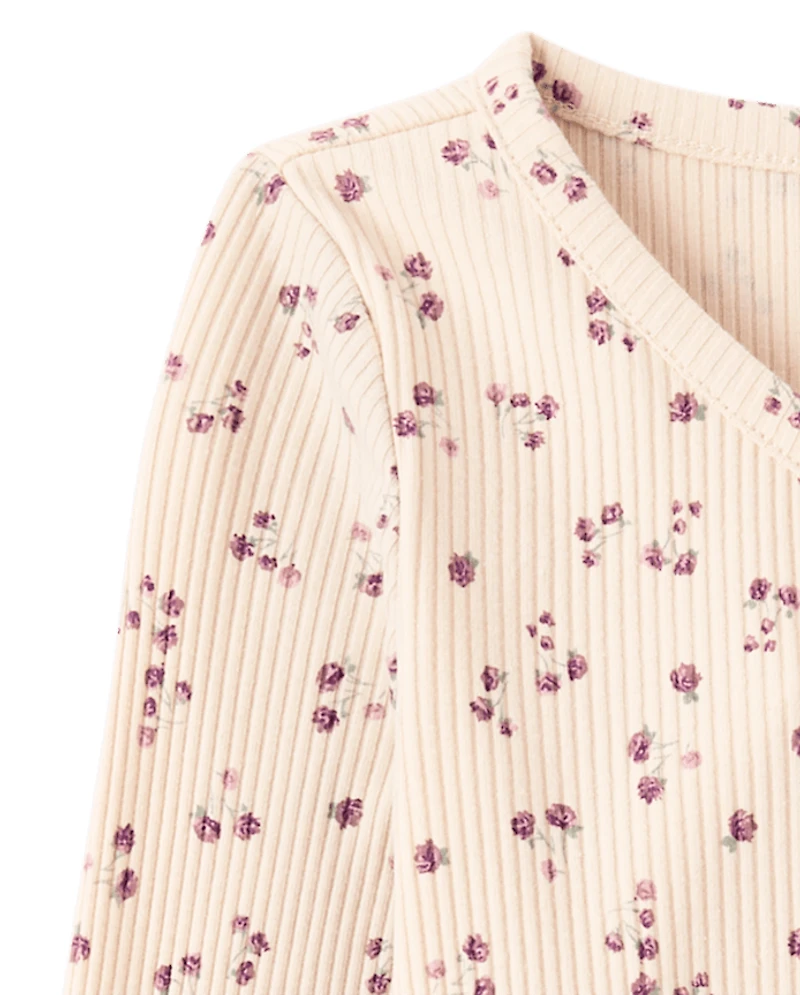 Girls Floral V-Neck Ribbed Henley Top