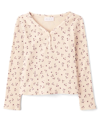 Girls Floral V-Neck Ribbed Henley Top