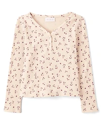 Girls Floral V-Neck Ribbed Henley Top