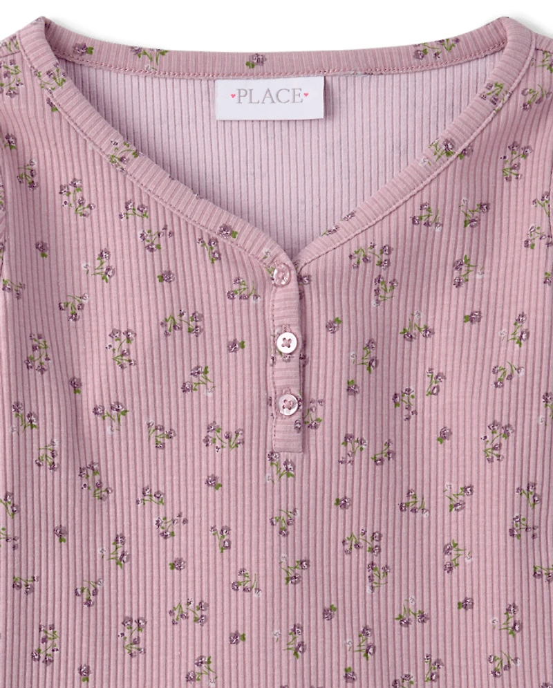 Haut Henley côtelé à col en V fleuri pour filles