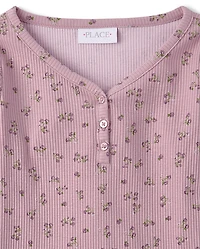 Haut Henley côtelé à col en V fleuri pour filles