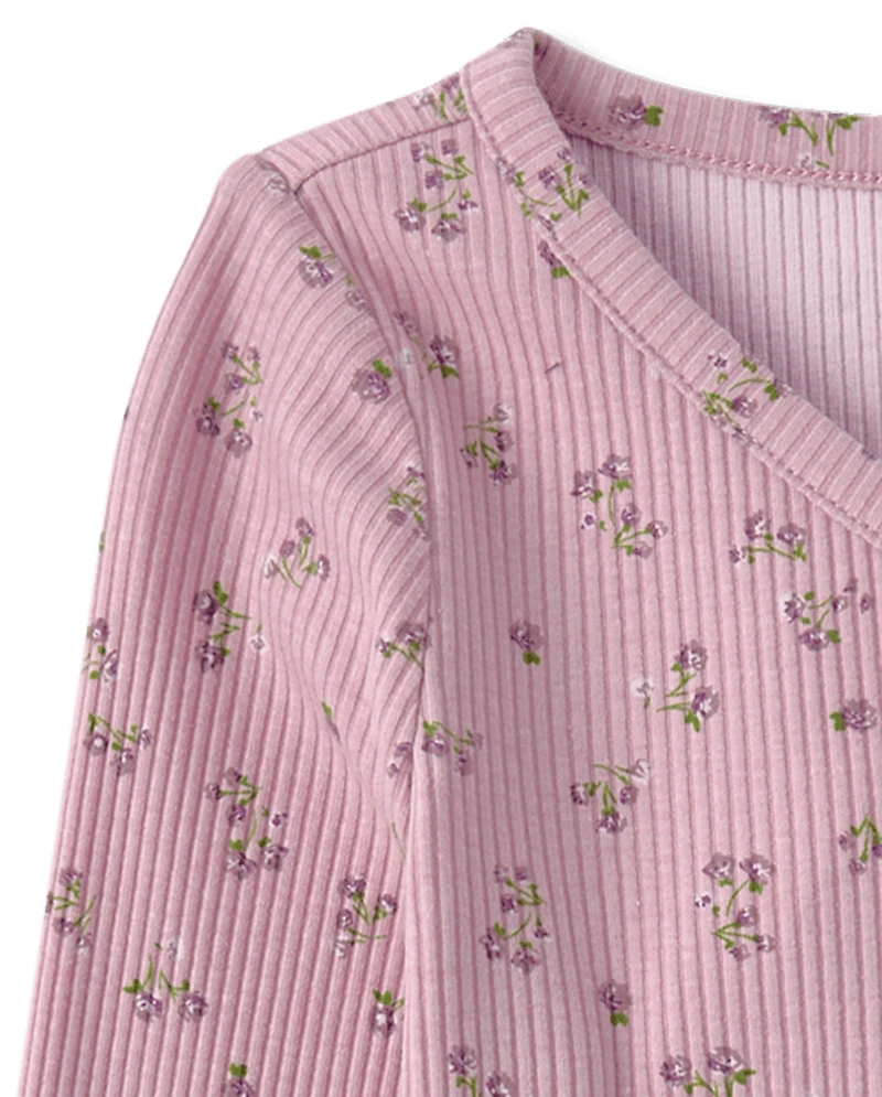 Haut Henley côtelé à col en V fleuri pour filles