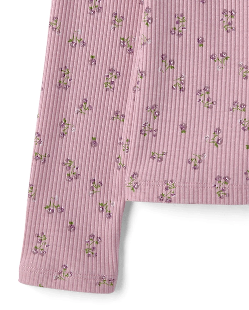 Haut Henley côtelé à col en V fleuri pour filles