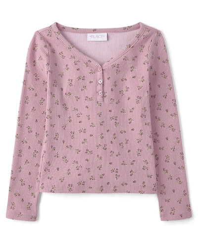 Haut Henley côtelé à col en V fleuri pour filles