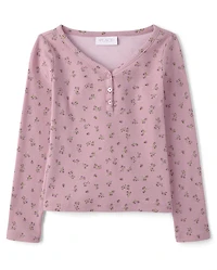Haut Henley côtelé à col en V fleuri pour filles