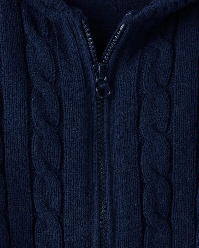Girls Tipped Cable Knit Zip Up Sweater Hoodie