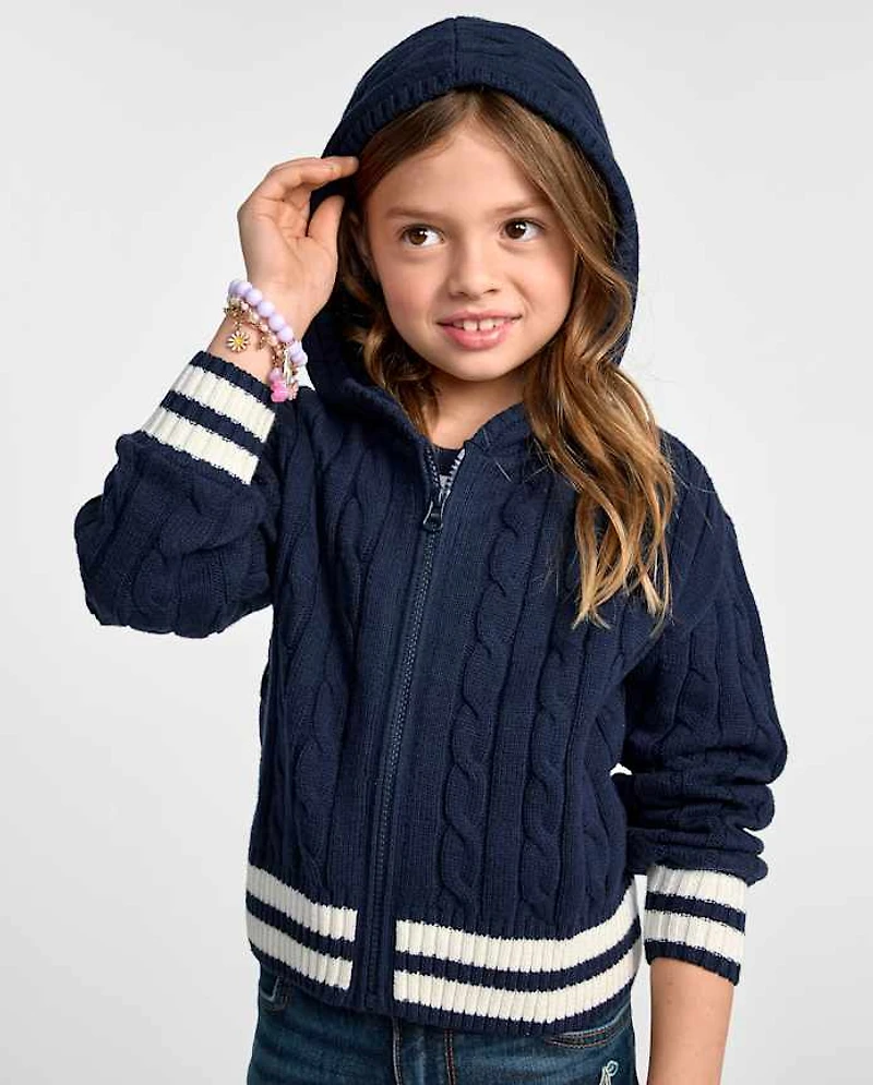 Girls Tipped Cable Knit Zip Up Sweater Hoodie