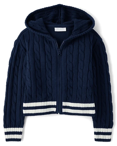 Girls Tipped Cable Knit Zip Up Sweater Hoodie