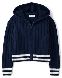 Girls Tipped Cable Knit Zip Up Sweater Hoodie