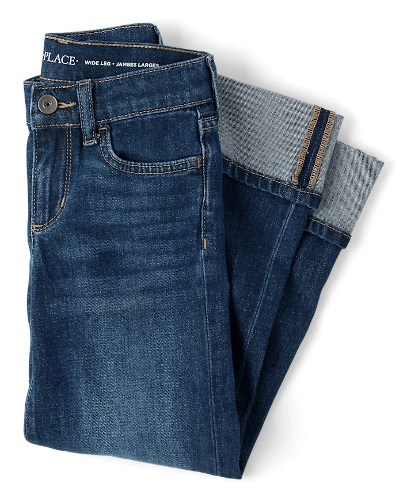 Girls Roll Cuff Wide Leg Jeans