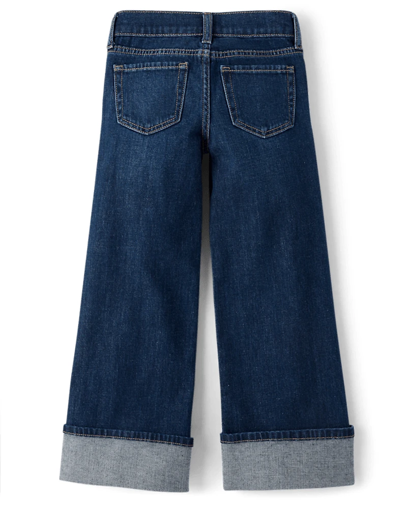 Girls Roll Cuff Wide Leg Jeans