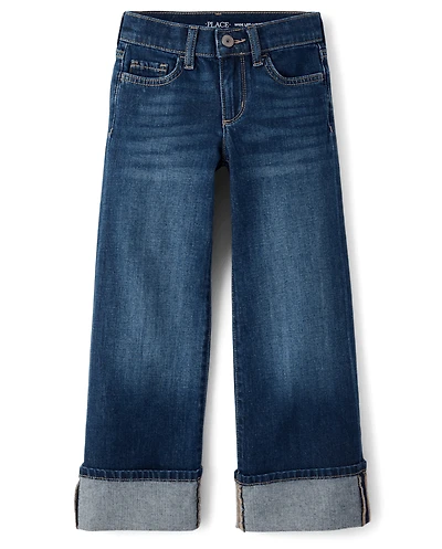 Girls Roll Cuff Wide Leg Jeans