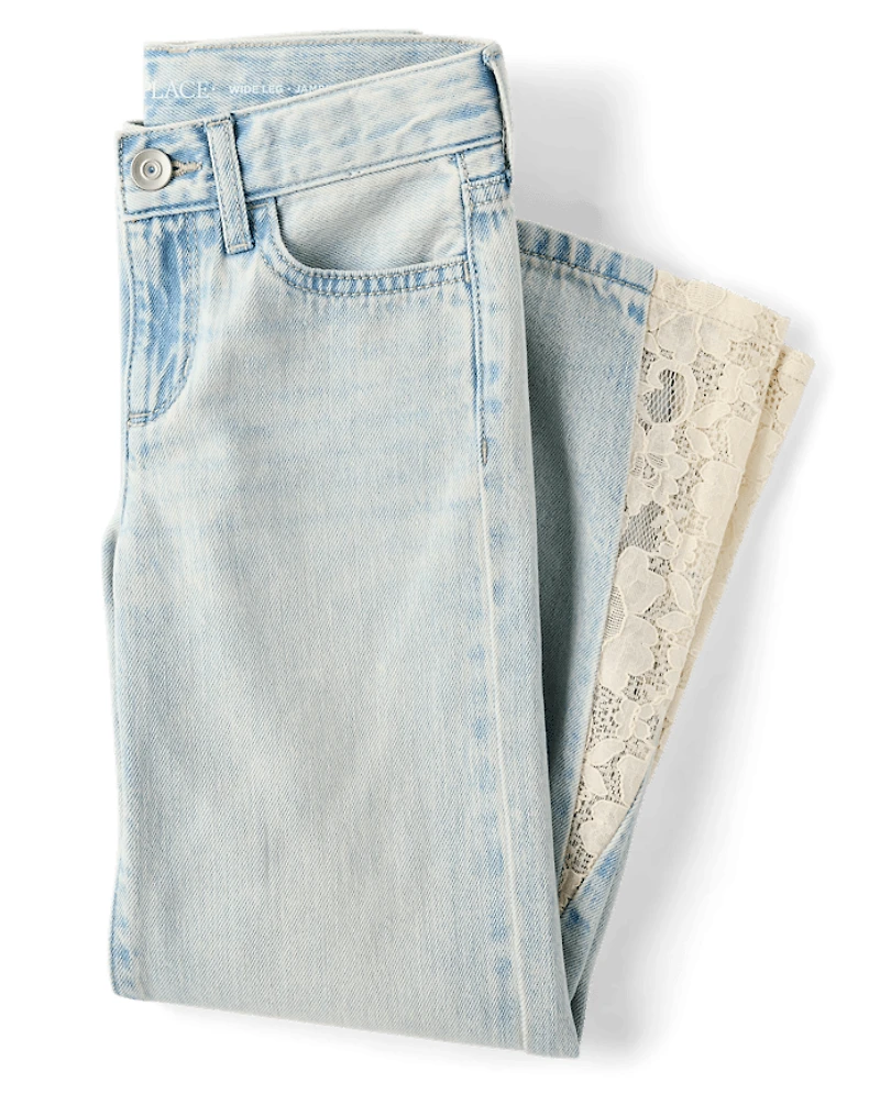 Girls Lace Inset Wide Leg Jeans