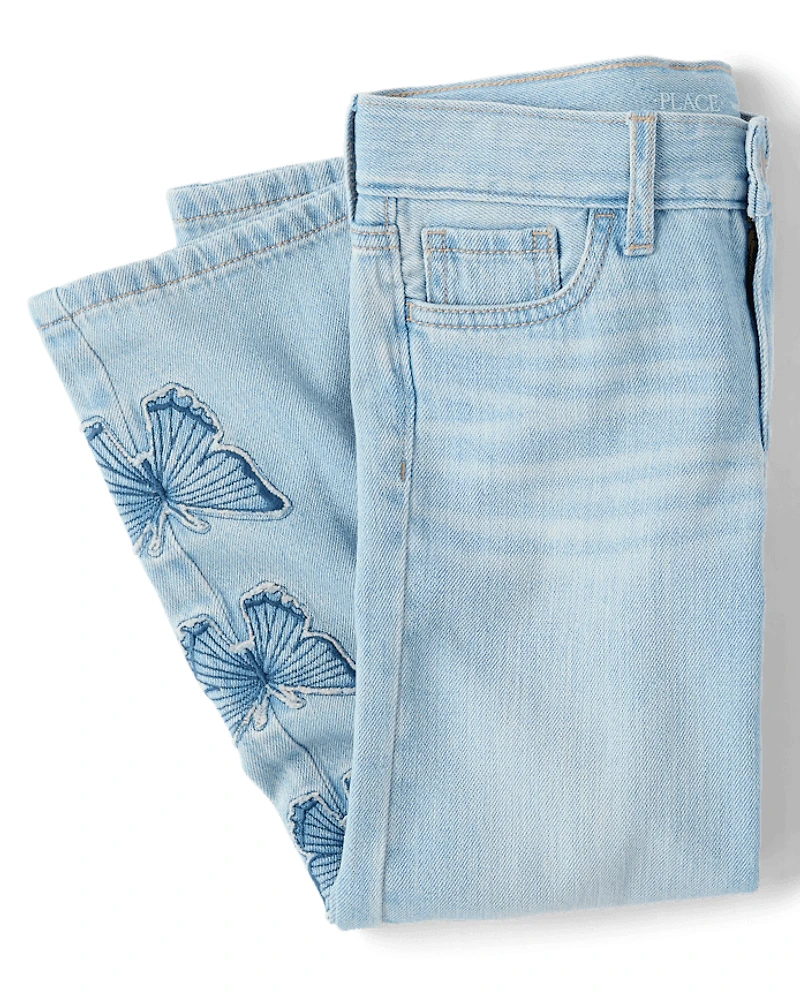 Girls Applique Butterfly Wide Leg Jeans