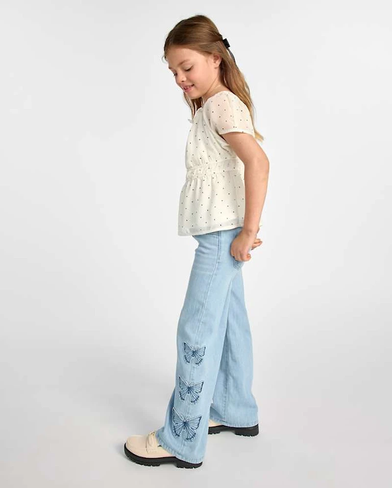 Girls Applique Butterfly Wide Leg Jeans