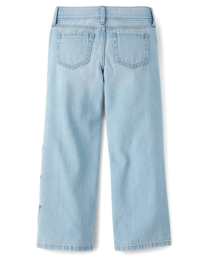 Girls Applique Butterfly Wide Leg Jeans