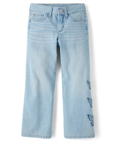 Girls Applique Butterfly Wide Leg Jeans