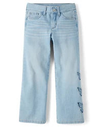 Girls Applique Butterfly Wide Leg Jeans