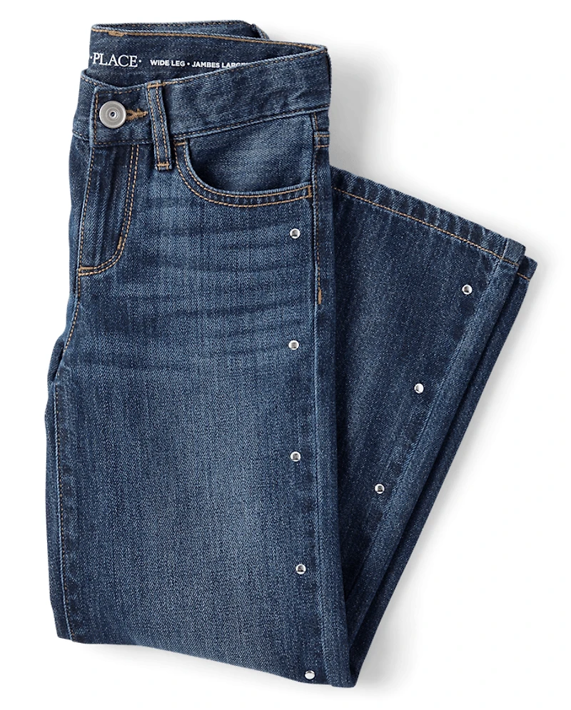 Girls Studded Wide Leg Jeans