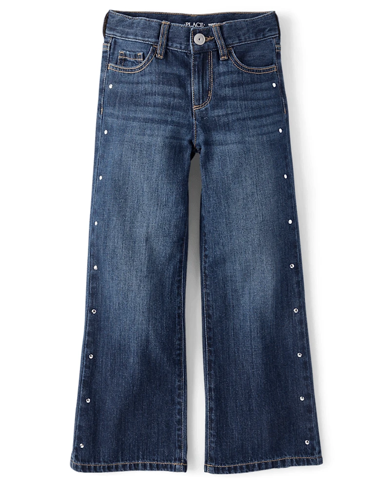 Girls Studded Wide Leg Jeans