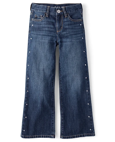Girls Studded Wide Leg Jeans
