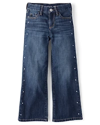 Girls Studded Wide Leg Jeans