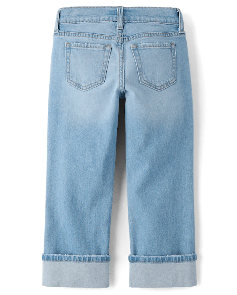 Girls Ripped Roll Cuff 90s Straight Jeans