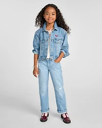 Girls Ripped Roll Cuff 90s Straight Jeans