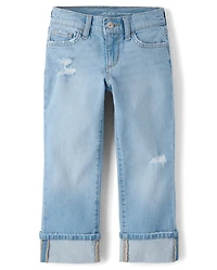 Girls Ripped Roll Cuff 90s Straight Jeans