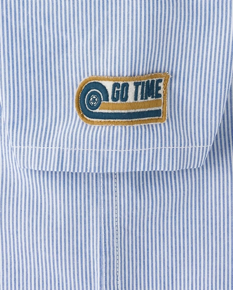 Baby And Toddler Boys Embroidered Racecar Patch Poplin Button Up Shirt