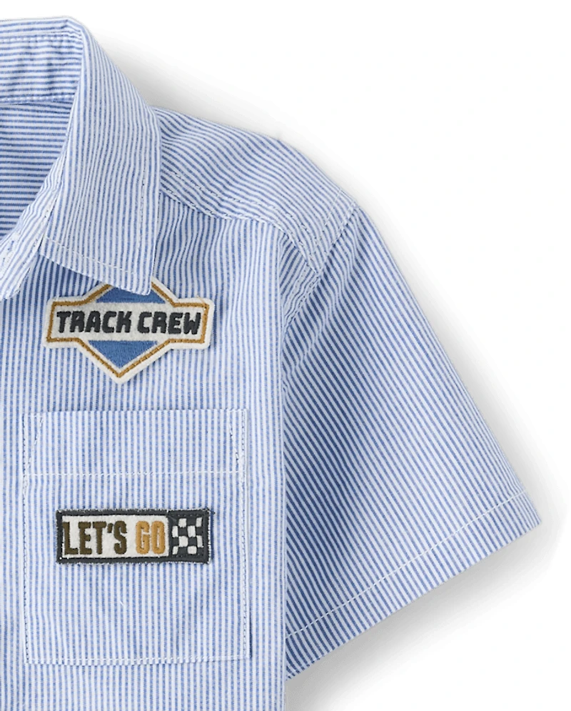 Baby And Toddler Boys Embroidered Racecar Patch Poplin Button Up Shirt