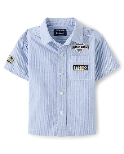 Baby And Toddler Boys Embroidered Racecar Patch Poplin Button Up Shirt