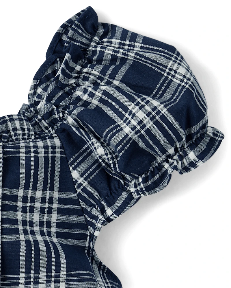 Girls Plaid Pintuck Poplin Button Dress
