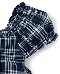 Girls Plaid Pintuck Poplin Button Dress