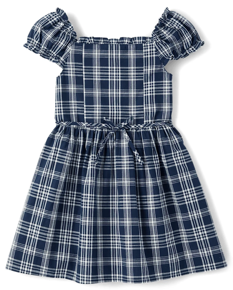 Girls Plaid Pintuck Poplin Button Dress