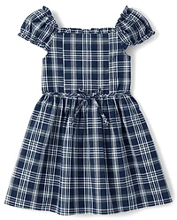 Girls Plaid Pintuck Poplin Button Dress