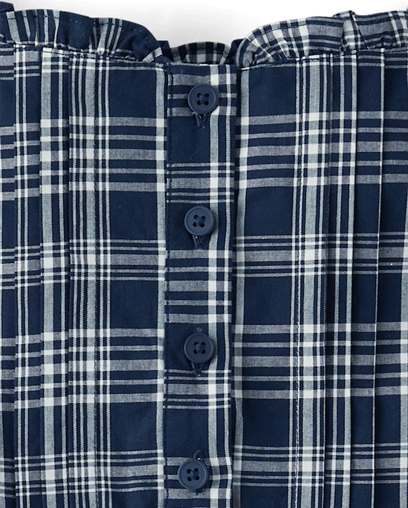 Robe boutonnée en popeline à carreaux et plis pour fille