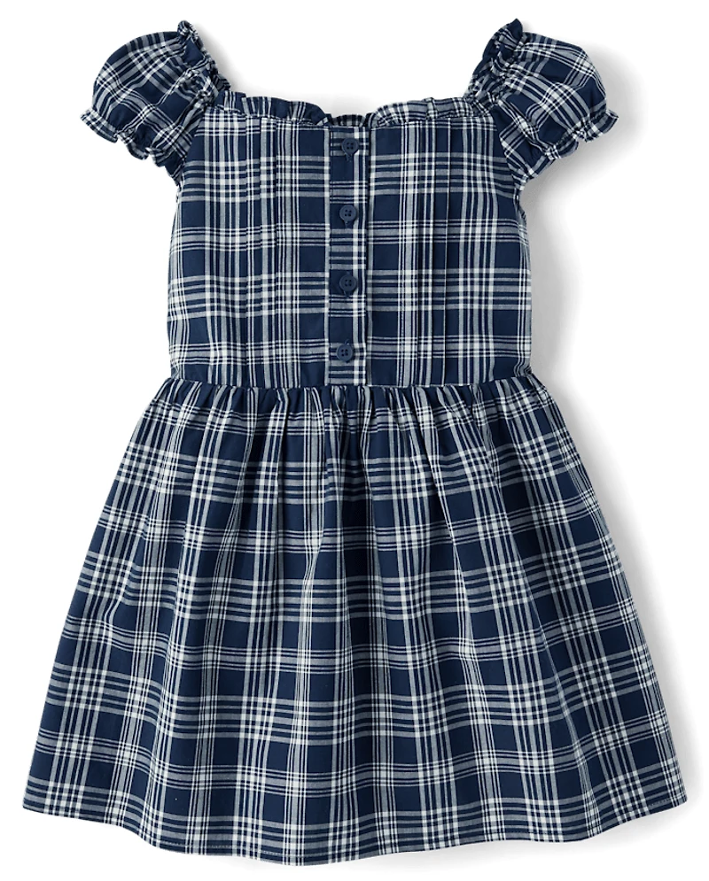 Girls Plaid Pintuck Poplin Button Dress
