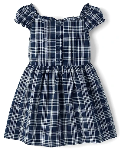 Girls Plaid Pintuck Poplin Button Dress